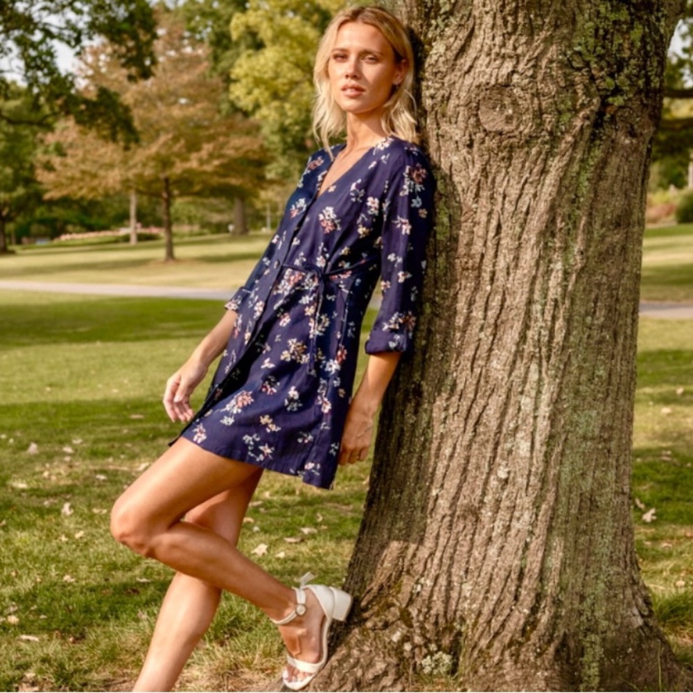 Zara Basic Blue Floral Faux Wrap Mini Dress